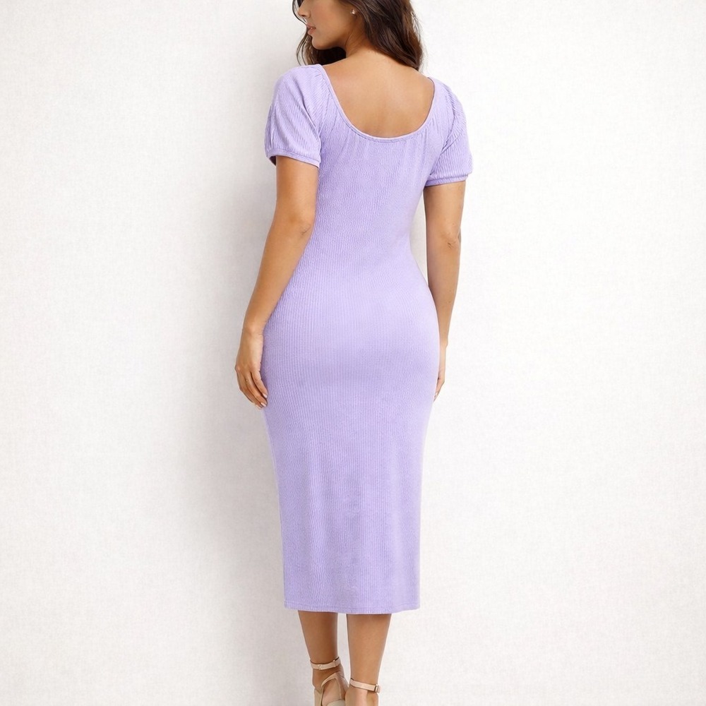 No Boundaries XL Lavender Bodycon Midi Dress Puff Sleeve Coquette Rib Knit - Picture 2 of 6